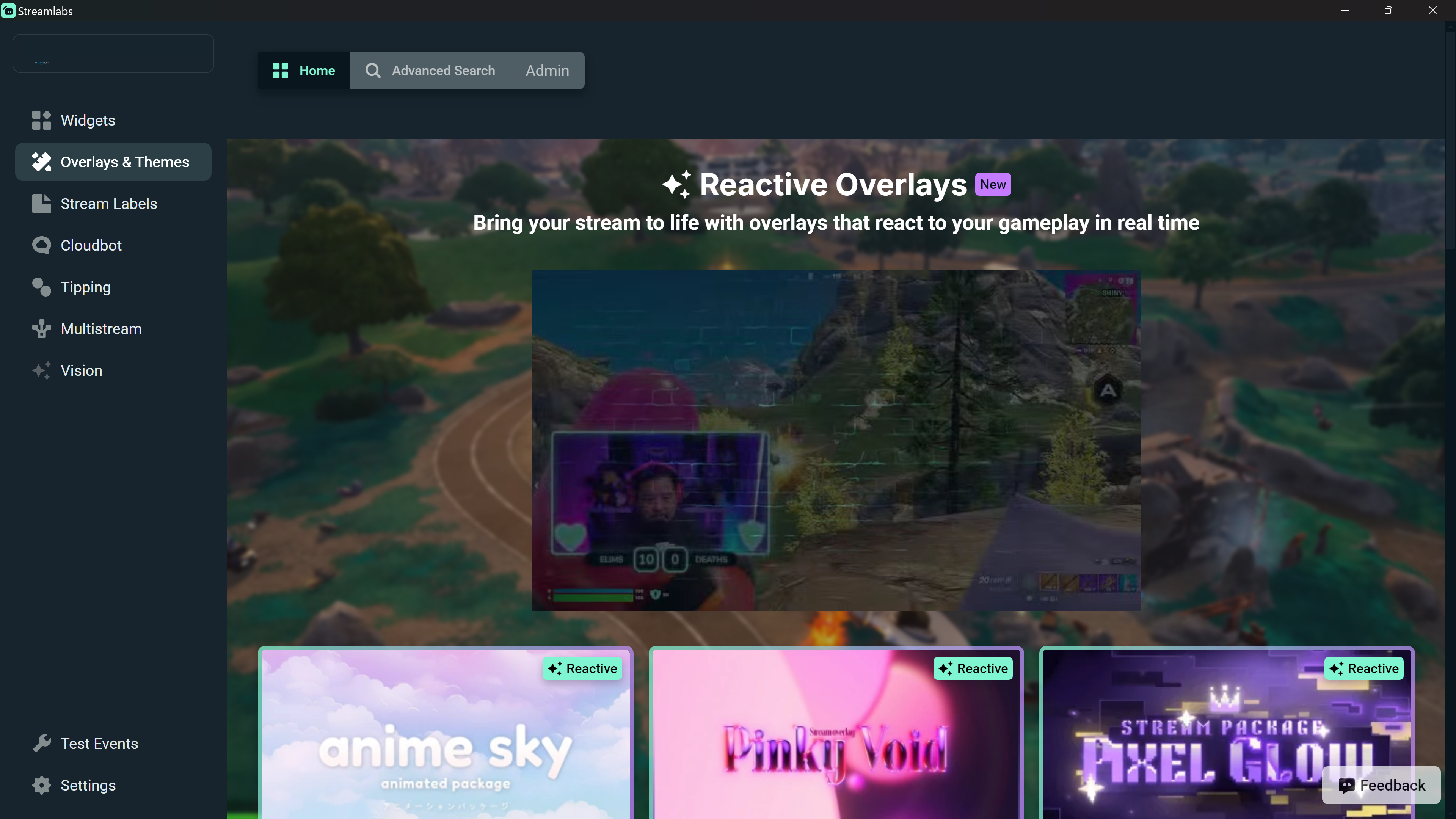Overlays and Themes tab in the Streamlabs Plugin for OBS showing Reactive overlay options